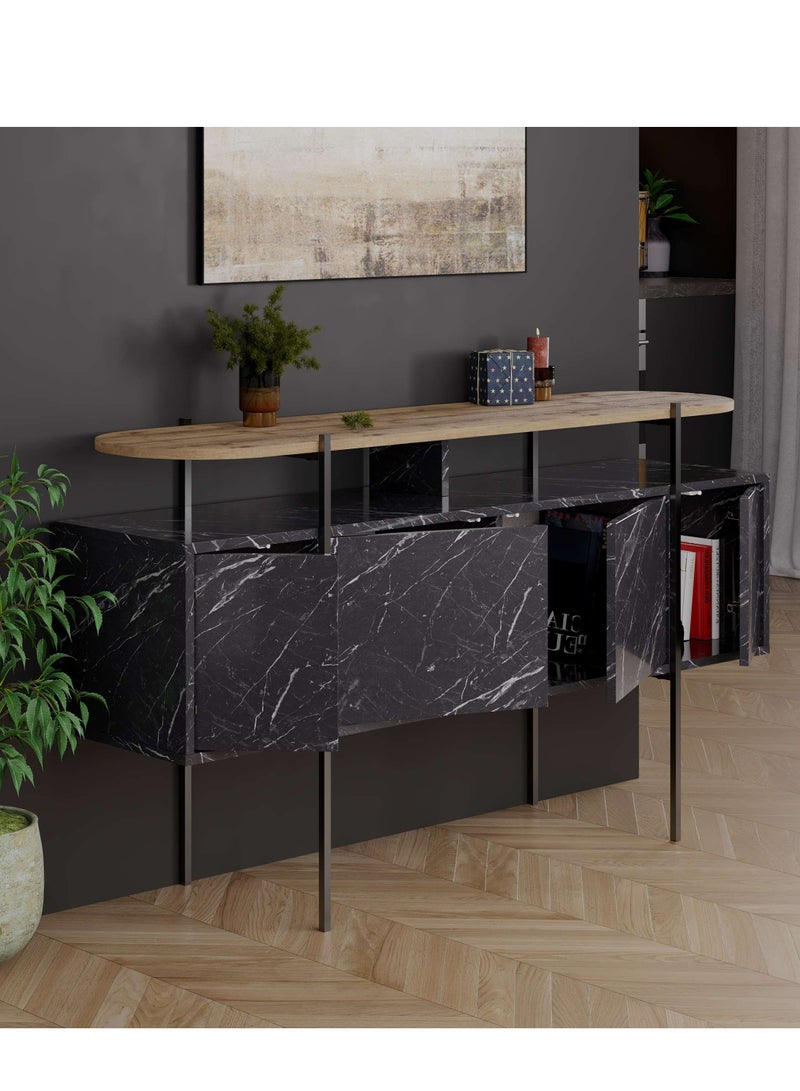 Mourah Home Hanley Console  Modern 4Door Sideboard With Sturdy Metal Legs. Spacious Storage For Living Room Dining Room And Hallway. Elegant Design  38X86X150 Cm (Black Marble Brown) - Image 3