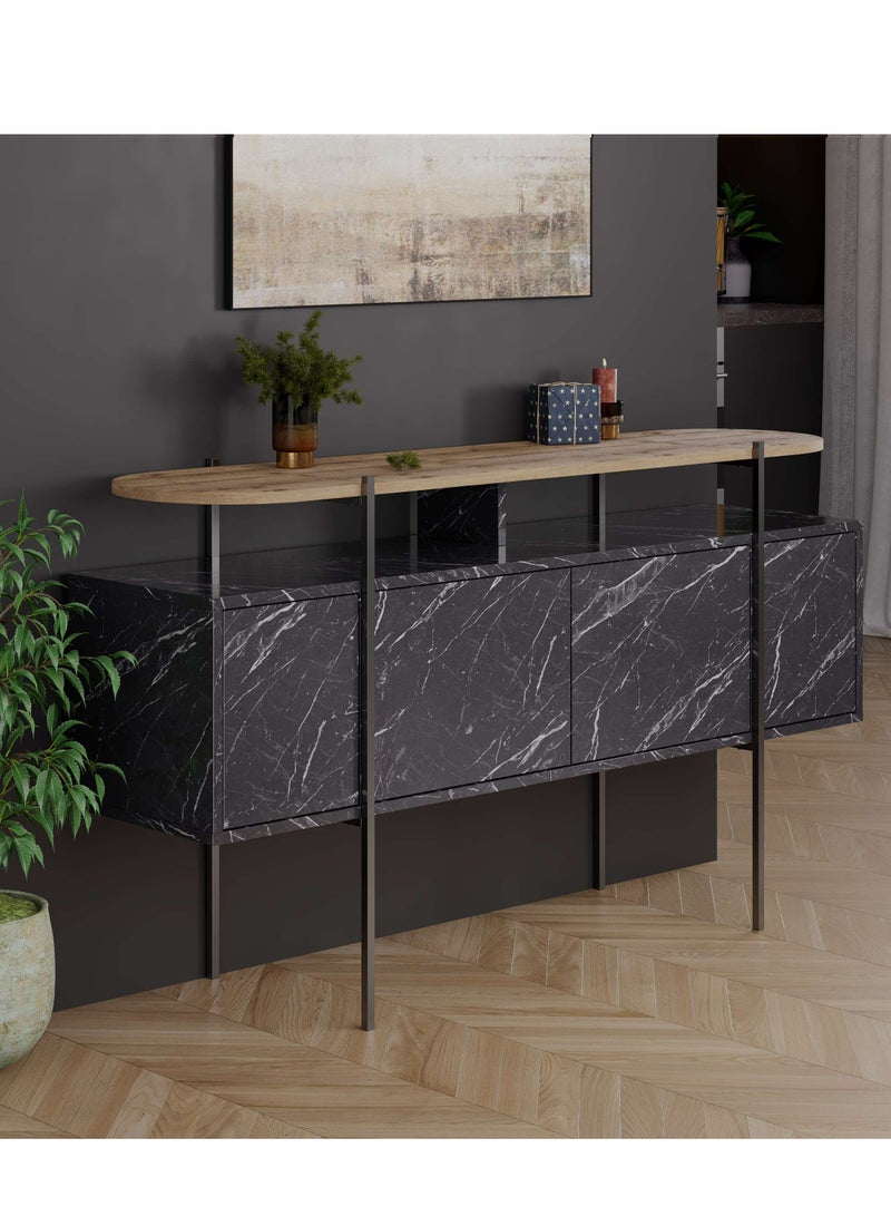 Mourah Home Hanley Console  Modern 4Door Sideboard With Sturdy Metal Legs. Spacious Storage For Living Room Dining Room And Hallway. Elegant Design  38X86X150 Cm (Black Marble Brown) - Image 2