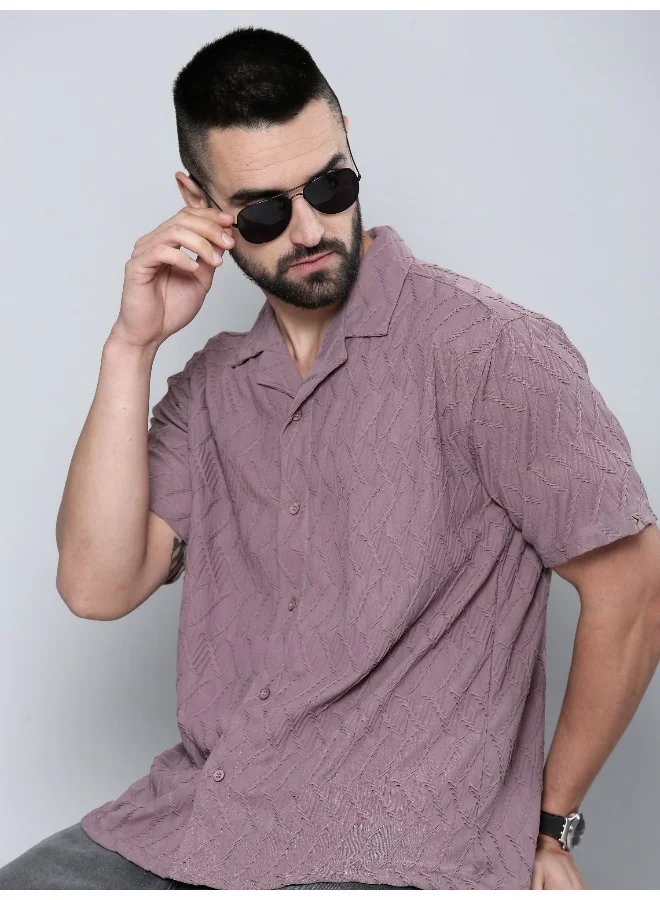 مانياك قميص رجالي قطن وردي باهت بياقة كلاسيكية وأكمام ثلاثة أرباع