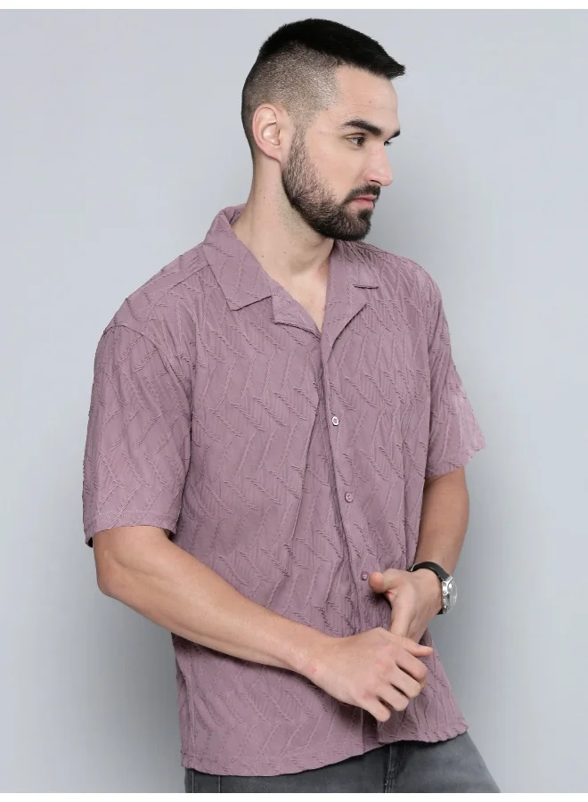 مانياك قميص رجالي قطن وردي باهت بياقة كلاسيكية وأكمام ثلاثة أرباع