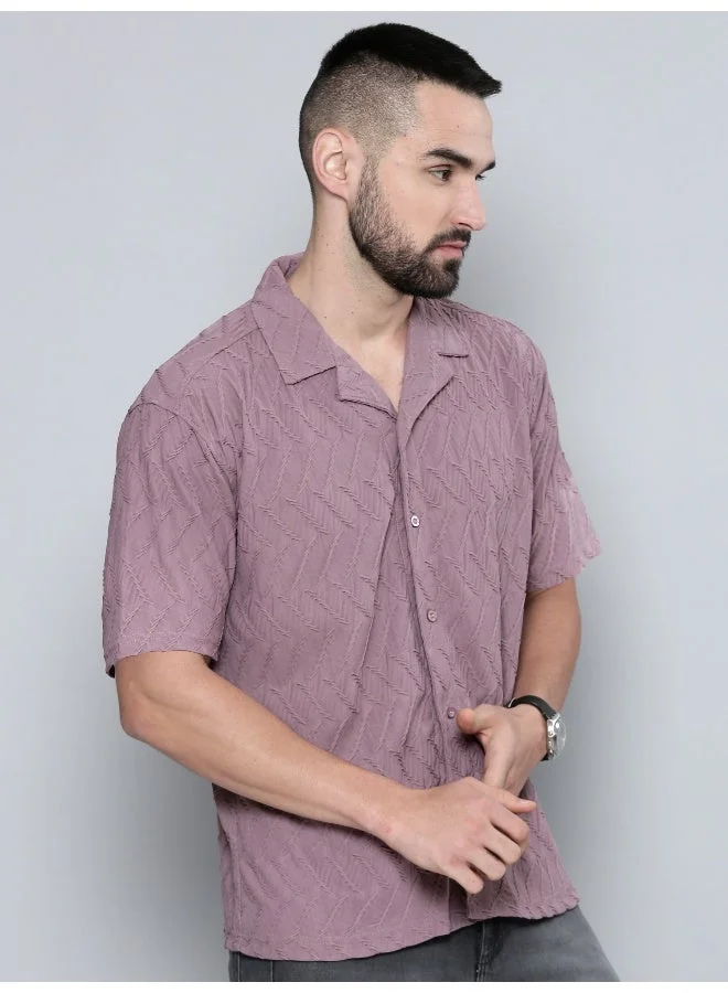 مانياك قميص رجالي قطن وردي باهت بياقة كلاسيكية وأكمام ثلاثة أرباع