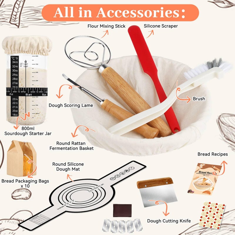 WEPSEN Sourdough Starter Kit,19PCS Banneton Bread Proofing Basket with Glass Sourdough Starter Jar, Sourdough Bread Baking Supplies, 9'' Round Bread Proofing Basket, for Bread Making Baking Fermentation - Image 5