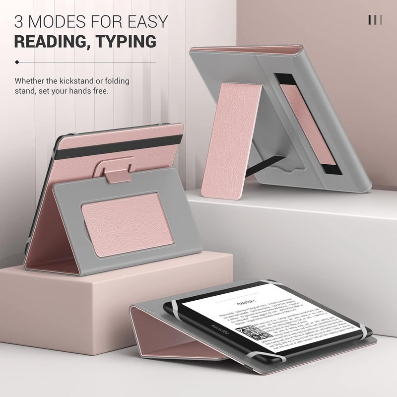 MoKo Universal Case for 6",6.8",7" Kindle eReaders Fire Tablet, Kindle/Kobo/Voyaga/Lenovo/Sony Kindle E-Book Tablet, Lightweight PU Leather Folio Shell Cover Case, with Hand Strap/Kickstand, Rose Gold - Image 3