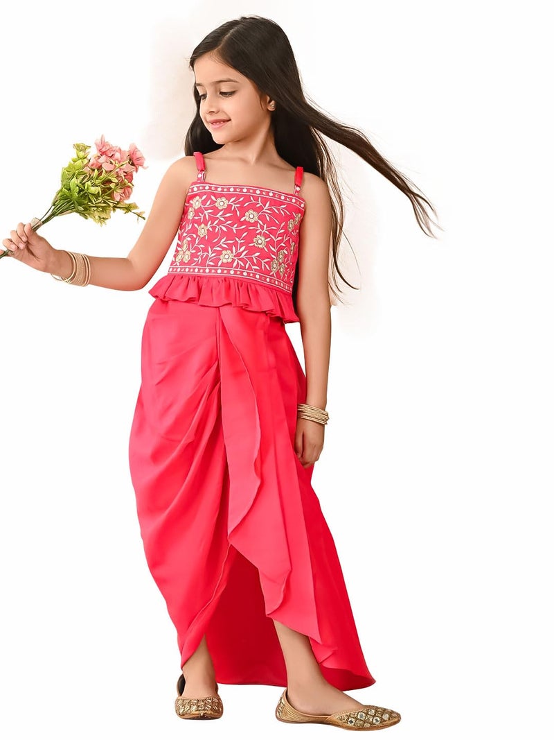 LILPICKS Embroidered Sleeveless Top with Stylish Dhoti Set for Girls (Pink) (7-8Y) - Image 1