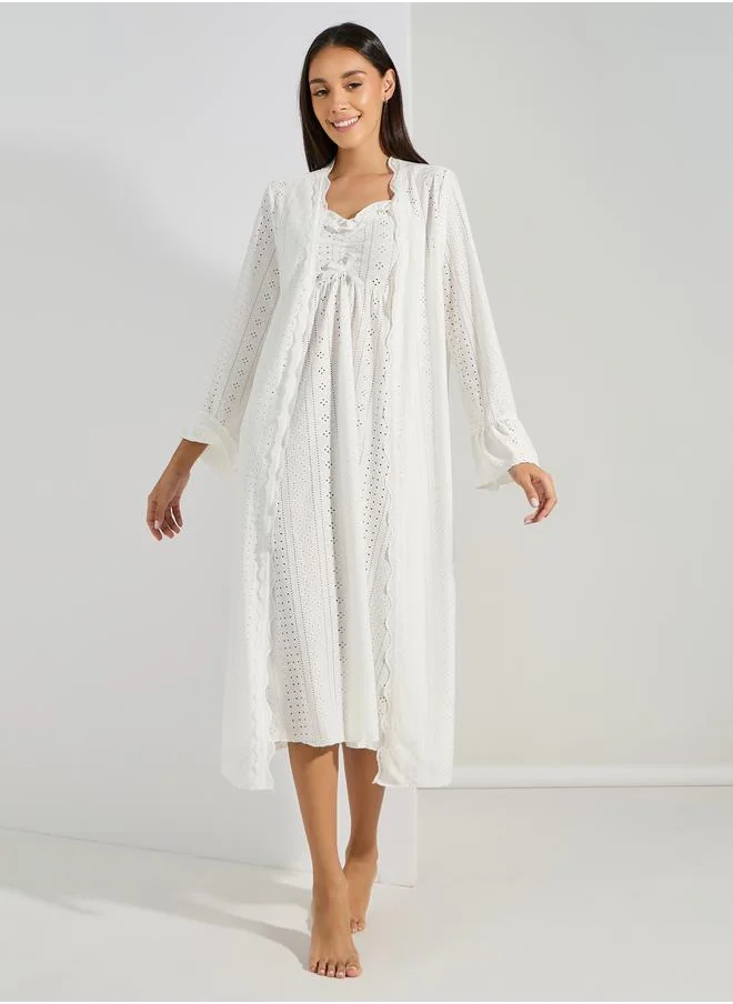 ستايلي Broderie Lace Trim Detail Ruffle Neck Slip Dress & Robe Set