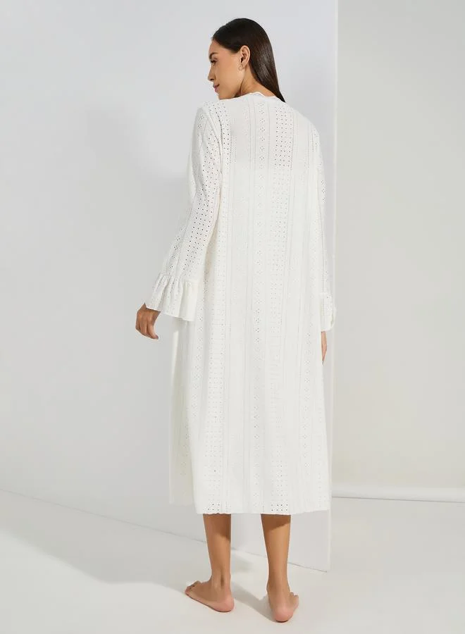 Styli Broderie Lace Trim Detail Ruffle Neck Slip Dress & Robe Set