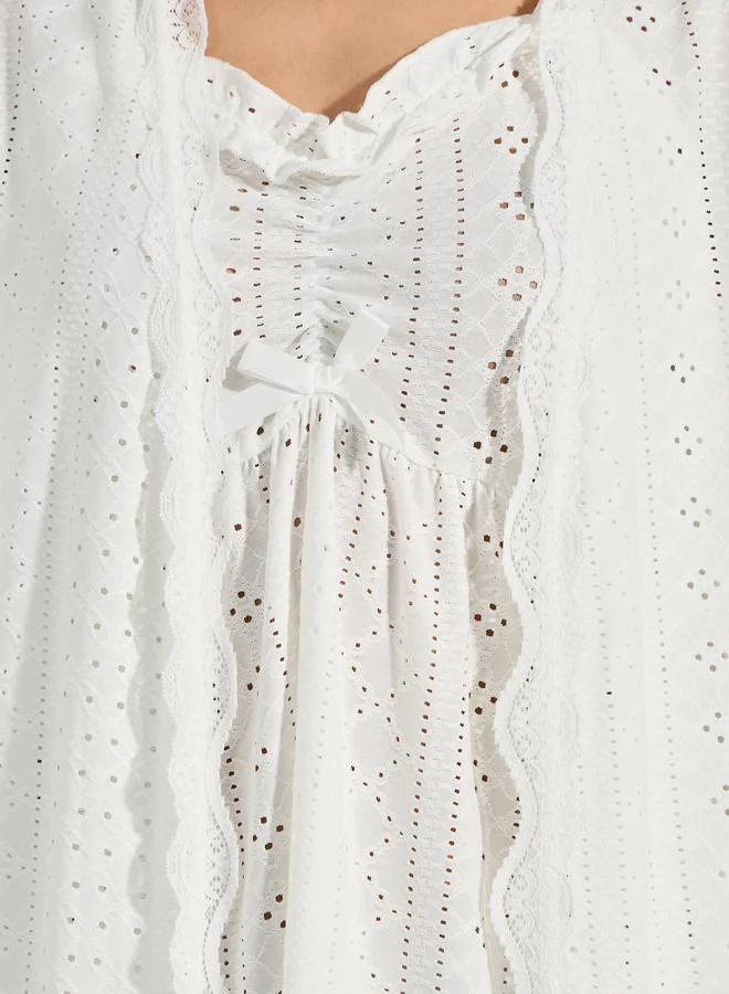 Styli Broderie Lace Trim Detail Ruffle Neck Slip Dress & Robe Set