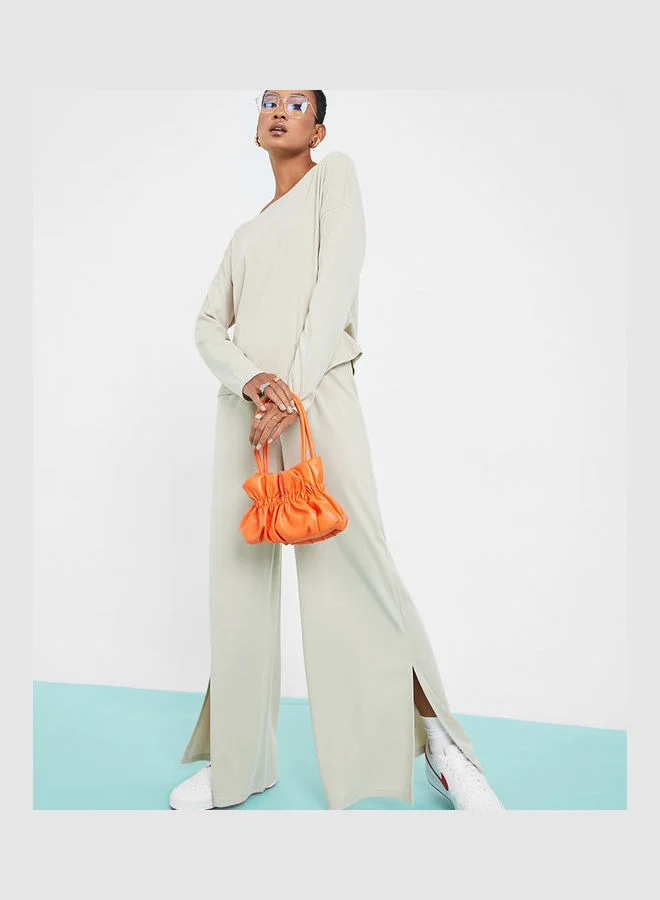 Styli Supersoft Rib Long Sleeves Top and Side Split Trouser Slouchy Lounge Set