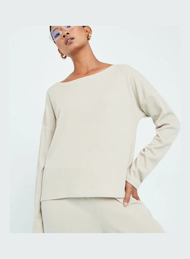 Styli Supersoft Rib Long Sleeves Top and Side Split Trouser Slouchy Lounge Set