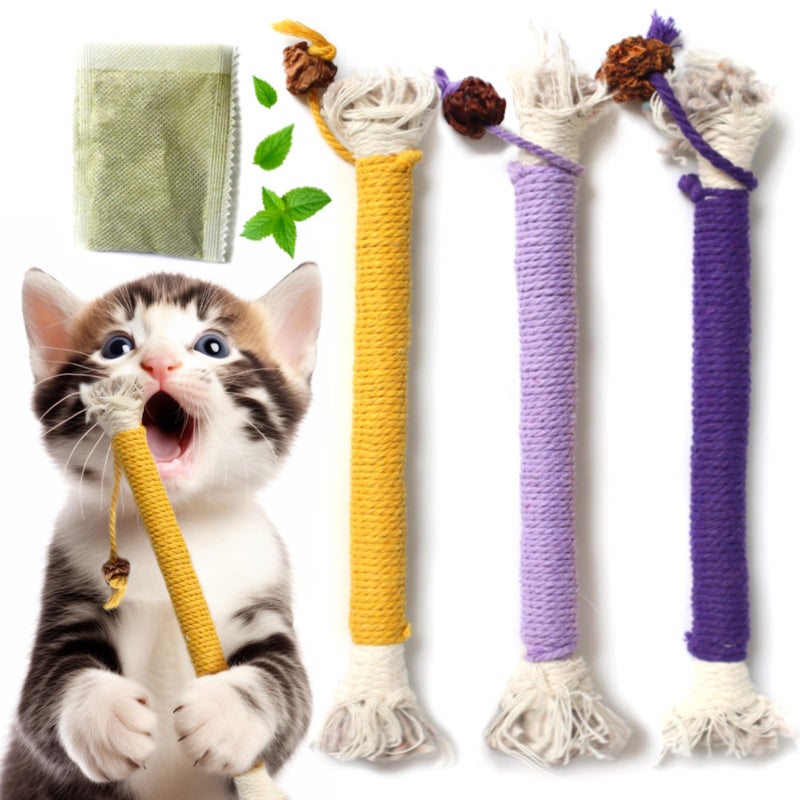 Fokauiwo Cat Toys for Indoor Cats Kitten Toys for Indoor Kittens Catnip Rope Chew Toys for Teeth Cleaning Interactive Cat Teething Toy Kitty Kicker Toy 3 Pack Plus 1 Pouch of Catnip - Image 2