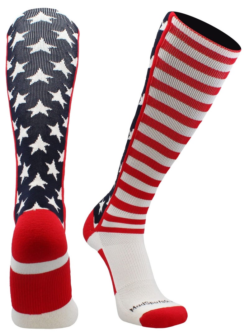 MadSportsStuff USA American Flag Stars and Stripes Over the Calf Socks (Navy/Red/White, Small) - Patriotic Knee High Socks for Softball, Baseball, Football, Soccer & More - Patriotic Sports Socks - Image 1