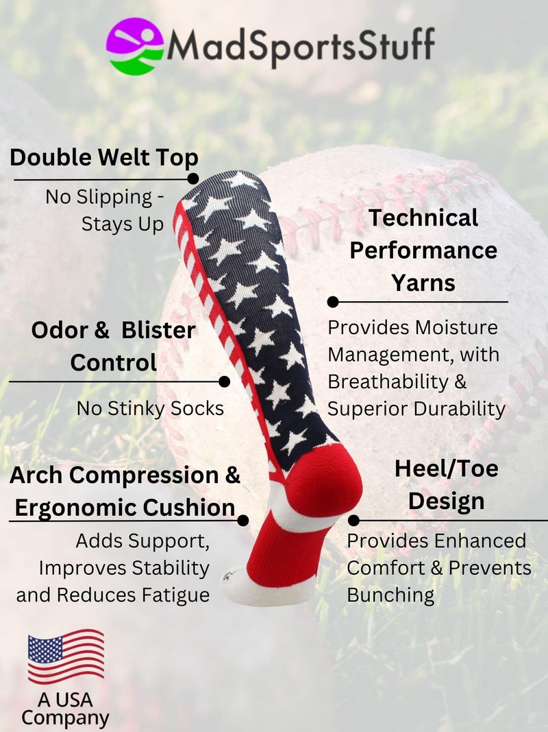 MadSportsStuff USA American Flag Stars and Stripes Over the Calf Socks (Navy/Red/White, Small) - Patriotic Knee High Socks for Softball, Baseball, Football, Soccer & More - Patriotic Sports Socks - Image 3