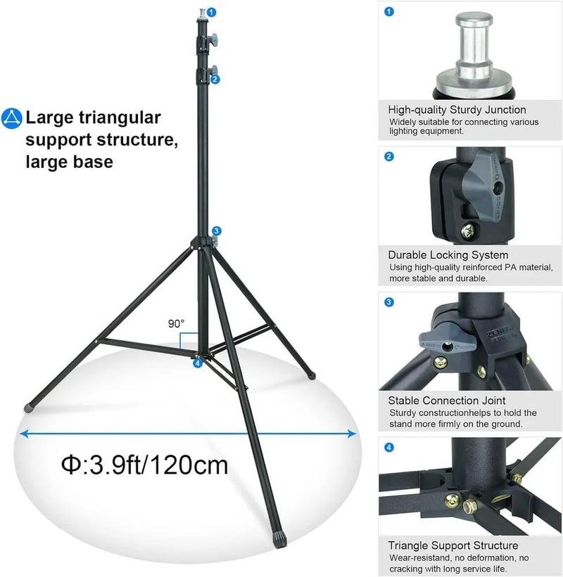 FKU 7 Feet Photography Light Stand Heavy Duty Spring Loaded Aluminum Stand Tripod (Black, Supports Up to 10000 g) - Image 5