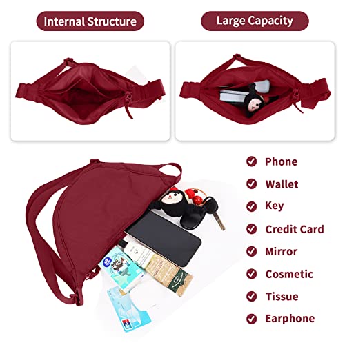 EVGLOW Nylon Crescent Crossbody Bag for Women Purses Trendy Men,Small Travel Sling Bag Hobo,Lightweight Fanny Pack with Zipper Adjustable Strap,Round Soft Shoulder Pouch Bag for Everyday Use Sport(Wine Red) - Image 4