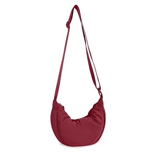 EVGLOW Nylon Crescent Crossbody Bag for Women Purses Trendy Men,Small Travel Sling Bag Hobo,Lightweight Fanny Pack with Zipper Adjustable Strap,Round Soft Shoulder Pouch Bag for Everyday Use Sport(Wine Red) - Image 1