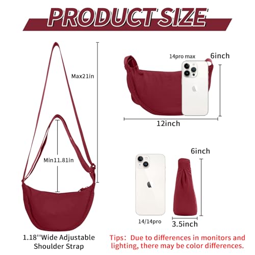 EVGLOW Nylon Crescent Crossbody Bag for Women Purses Trendy Men,Small Travel Sling Bag Hobo,Lightweight Fanny Pack with Zipper Adjustable Strap,Round Soft Shoulder Pouch Bag for Everyday Use Sport(Wine Red) - Image 2