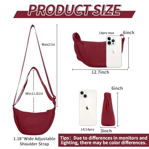EVGLOW Nylon Crescent Crossbody Bag for Women Purses Trendy Men,Small Travel Sling Bag Hobo,Lightweight Fanny Pack with Zipper Adjustable Strap,Round Soft Shoulder Pouch Bag for Everyday Use Sport(Wine Red) - Image 3