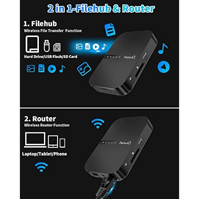 rayihni موجه السفر NEWQ FILEHUB AC750: قارئ بطاقة SD محرك أقراص صلبة محمول وموسع نطاق واي فاي صغير للسفر | وصول لاسلكي لمحرك أقراص خارجي و جهاز تخزين USB لنسخ الصور والملفات من آيفون - Image 2
