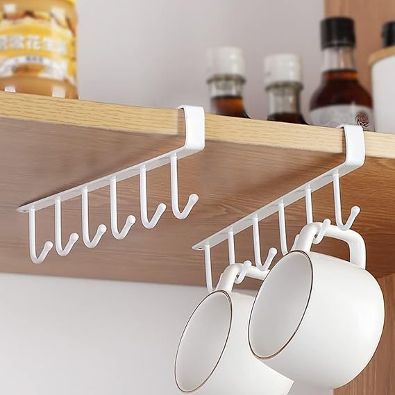 vaughn VAUGHN Stainless Steel 6 Hook Under Shelf Cabinet Rack for Coffee Cup Mug Wine Glass Tie Hooks Keys Hooks Hanging Belts Scarf Organizer Kitchen Utensils Holder Rack White Pack of 2  - Image 2