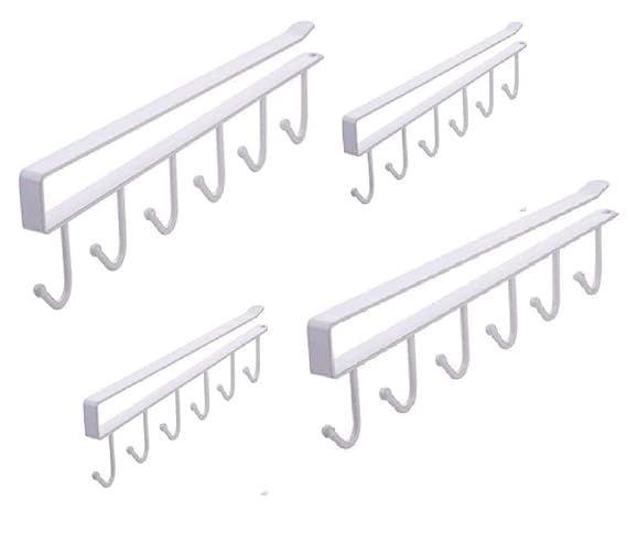 vaughn VAUGHN Stainless Steel 6 Hook Under Shelf Cabinet Rack for Coffee Cup Mug Wine Glass Tie Hooks Keys Hooks Hanging Belts Scarf Organizer Kitchen Utensils Holder Rack White Pack of 2  - Image 1