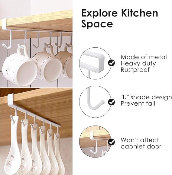 vaughn VAUGHN Stainless Steel 6 Hook Under Shelf Cabinet Rack for Coffee Cup Mug Wine Glass Tie Hooks Keys Hooks Hanging Belts Scarf Organizer Kitchen Utensils Holder Rack White Pack of 2  - Image 3