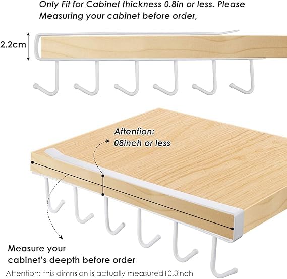 vaughn VAUGHN Stainless Steel 6 Hook Under Shelf Cabinet Rack for Coffee Cup Mug Wine Glass Tie Hooks Keys Hooks Hanging Belts Scarf Organizer Kitchen Utensils Holder Rack White Pack of 2  - Image 5