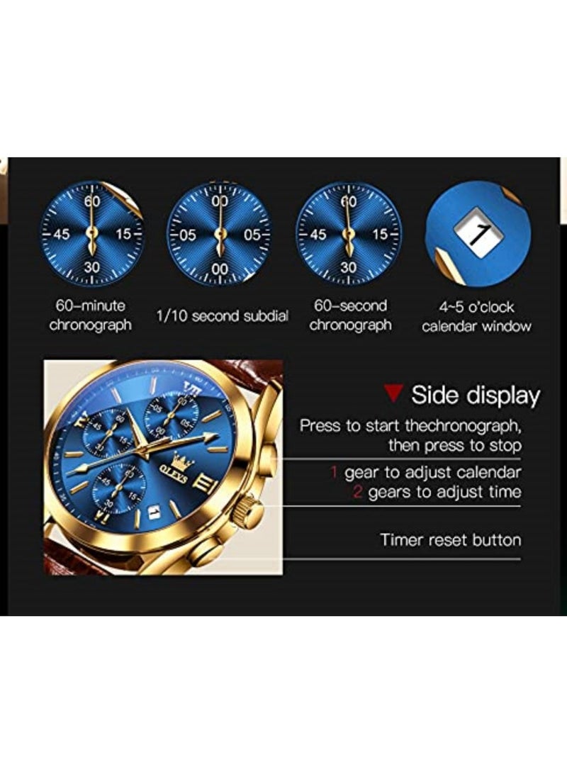 OLEVS Men's Chronograph Quartz Watches, Leather Strap Gold Case with Day Date, Waterproof Stainless Steel Wrist Watch, Luminous Watches for Men, Fashion, Leisure - Image 3