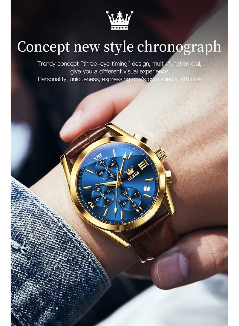 OLEVS Men's Chronograph Quartz Watches, Leather Strap Gold Case with Day Date, Waterproof Stainless Steel Wrist Watch, Luminous Watches for Men, Fashion, Leisure - Image 2