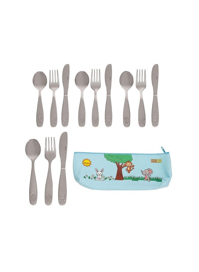 SunZio Kids Silverware Set, 18/10 Stainless Steel 12 Piece Cutlery Set with 4 Forks, 4 Spoons, 4 Small Knives, Toddler Metal Travel Utensils with Case, Child Safe Flatware, Dishwasher Safe, 1 Set - Image 1