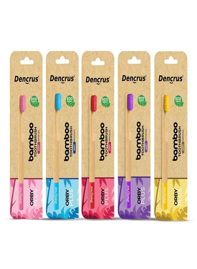 Dencrus ORBY PLUS Bamboo Toothbrush | Pack of 5 | Natural Soft Bristles | Biodegradable and Compostable Handle | Eco-friendly | RED, BLUE, YELLOW, LAVENDER & PINK - Image 2