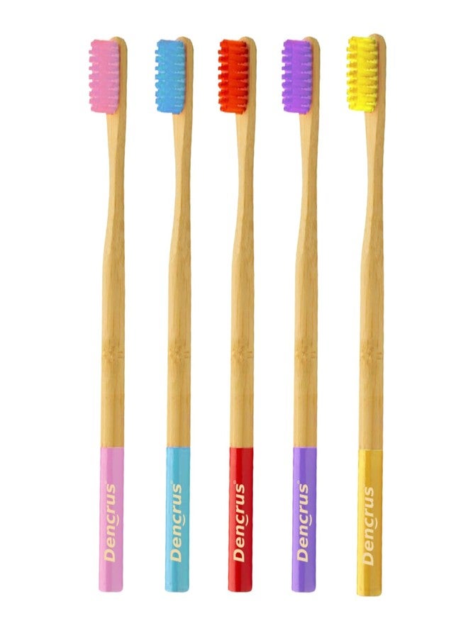 Dencrus ORBY PLUS Bamboo Toothbrush | Pack of 5 | Natural Soft Bristles | Biodegradable and Compostable Handle | Eco-friendly | RED, BLUE, YELLOW, LAVENDER & PINK - Image 1