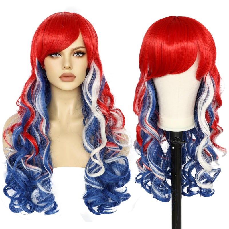 ANOGOL Hair Cap80Cm32Inch American Flag Wig 4th of July Costume Wig Red White and Blue Curly Wig For Party Cosplay Women Election Wig Patriotic Hair Costume Wigs Halloween