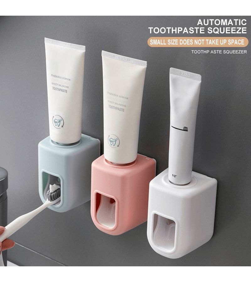 White Wall Mount Automatic Toothpaste Dispenser Lazy Squeezer Toothbrush Holder - Image 1