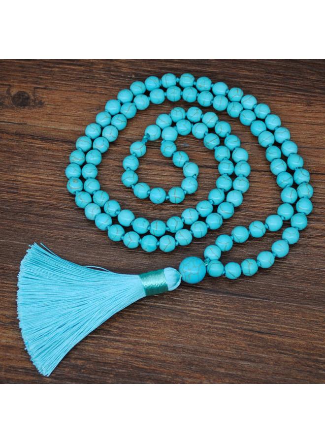European And American New Turquoise Beaded Handmade Knot Line Tassel Necklace Retro Long Woolen Chain Fashion Accessories