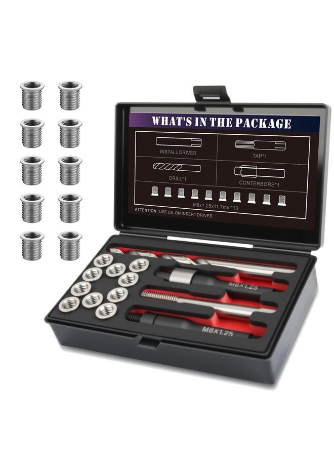 SENNMONN M8x1.25 Thread Repair Kit with 11.7mm Insert HSS Drill, Tap, Installation Driver,Stainless Steel Insert M8*1.25 * 11.7mm *10pcs - Image 1