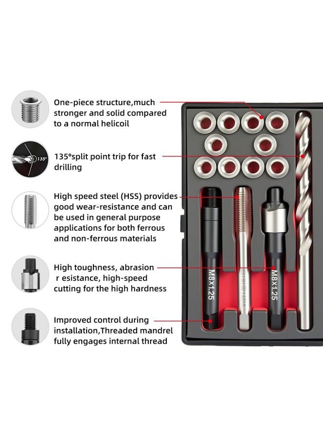 SENNMONN M8x1.25 Thread Repair Kit with 11.7mm Insert HSS Drill, Tap, Installation Driver,Stainless Steel Insert M8*1.25 * 11.7mm *10pcs - Image 2