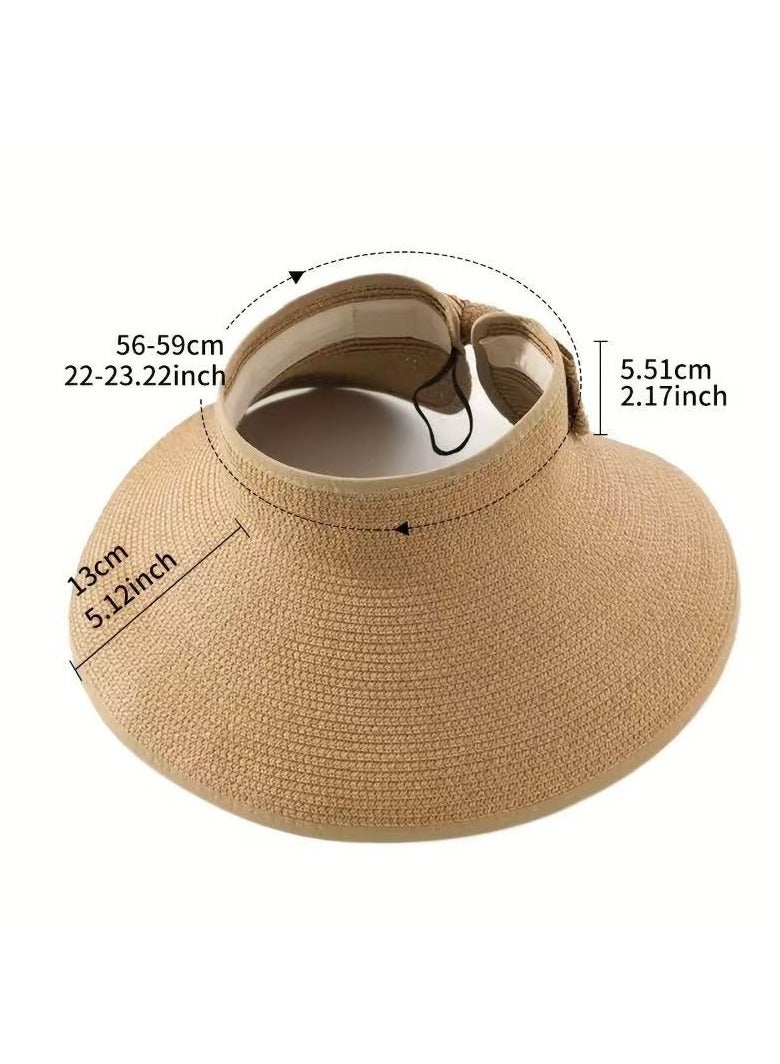 قبعات فيزر الشمس للنساء واسعة حافة ذيل الخيل القش شاطئ قبعة قابلة للطي UPF 50 + قبعات سفر فلوبي - Image 2