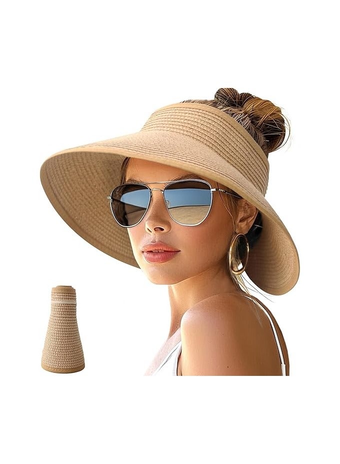 قبعات فيزر الشمس للنساء واسعة حافة ذيل الخيل القش شاطئ قبعة قابلة للطي UPF 50 + قبعات سفر فلوبي - Image 1