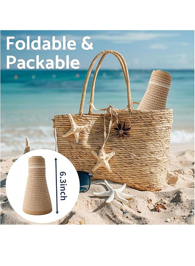 قبعات فيزر الشمس للنساء واسعة حافة ذيل الخيل القش شاطئ قبعة قابلة للطي UPF 50 + قبعات سفر فلوبي - Image 3