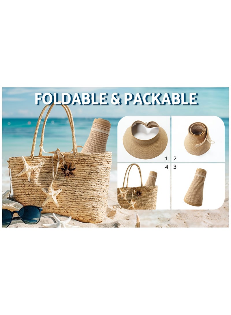 قبعات فيزر الشمس للنساء واسعة حافة ذيل الخيل القش شاطئ قبعة قابلة للطي UPF 50 + قبعات سفر فلوبي - Image 5