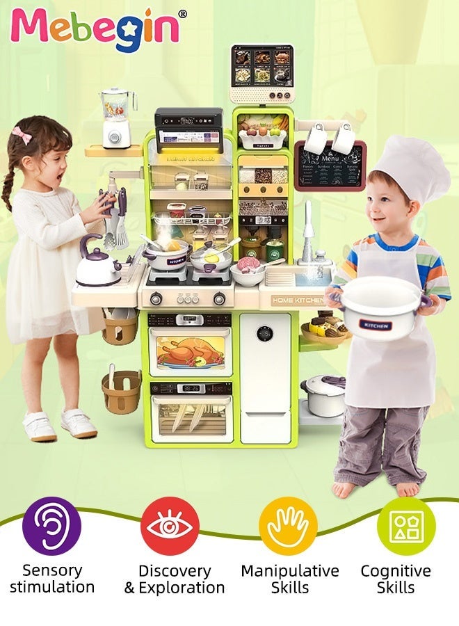 مجموعة لعب المطبخ التظاهري مع إكسسوارات غنية، مجموعة لعب المطبخ مع محاكاة واقعية للضوء والصوت والبخار، مجموعة لعب المطبخ الإبداعية للطبخ مع خاصية الطلب باللمس، هدية مثالية للأطفال، 66*22*95 سم - Image 2