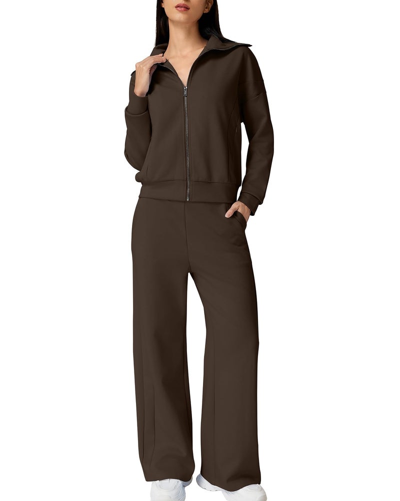 QINSEN Women's 2 Piece Matching Set Long Sleeve Zip Up Lapel Sweatshirt with Pockets Wide Leg Pants Tracksuit Brown M - Image 1