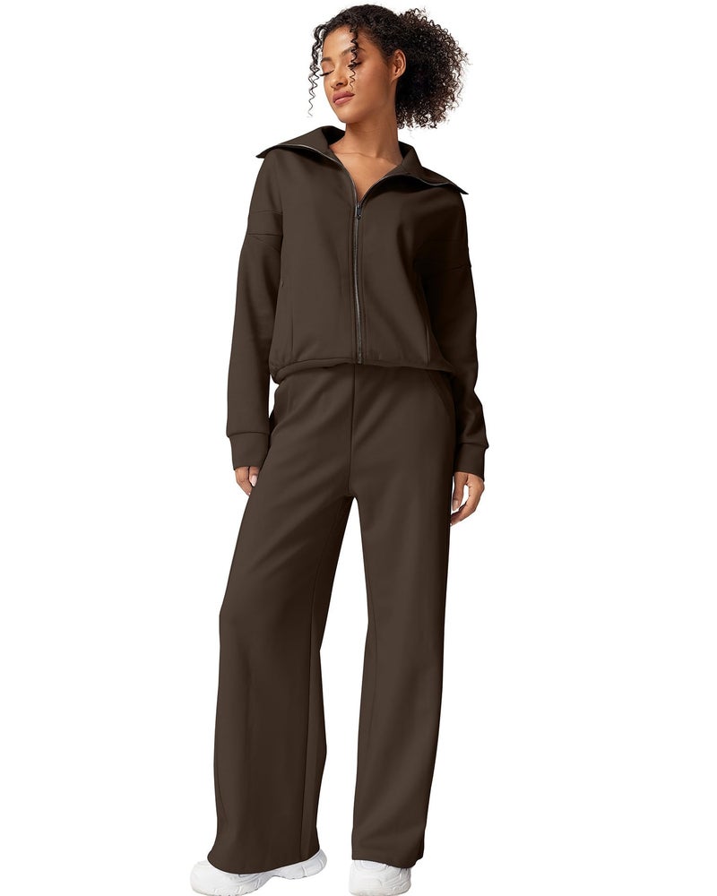 QINSEN Women's 2 Piece Matching Set Long Sleeve Zip Up Lapel Sweatshirt with Pockets Wide Leg Pants Tracksuit Brown M - Image 5