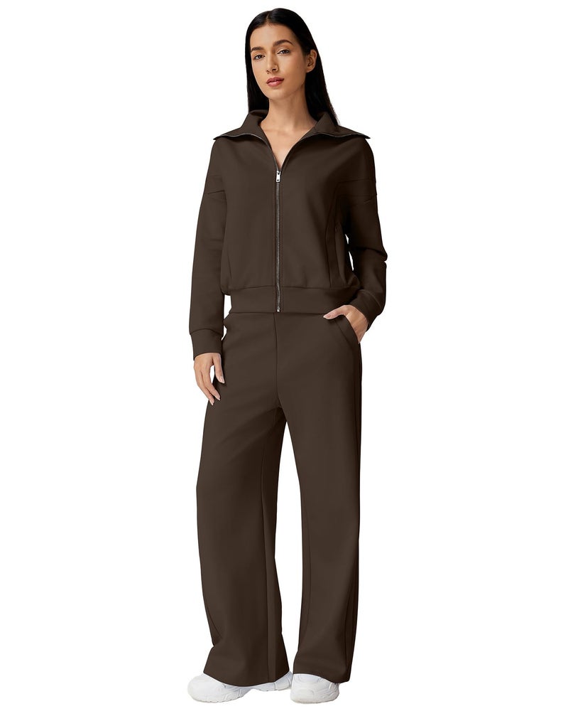 QINSEN Women's 2 Piece Matching Set Long Sleeve Zip Up Lapel Sweatshirt with Pockets Wide Leg Pants Tracksuit Brown M - Image 2