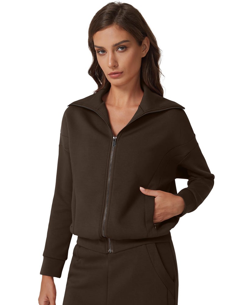 QINSEN Women's 2 Piece Matching Set Long Sleeve Zip Up Lapel Sweatshirt with Pockets Wide Leg Pants Tracksuit Brown M - Image 3