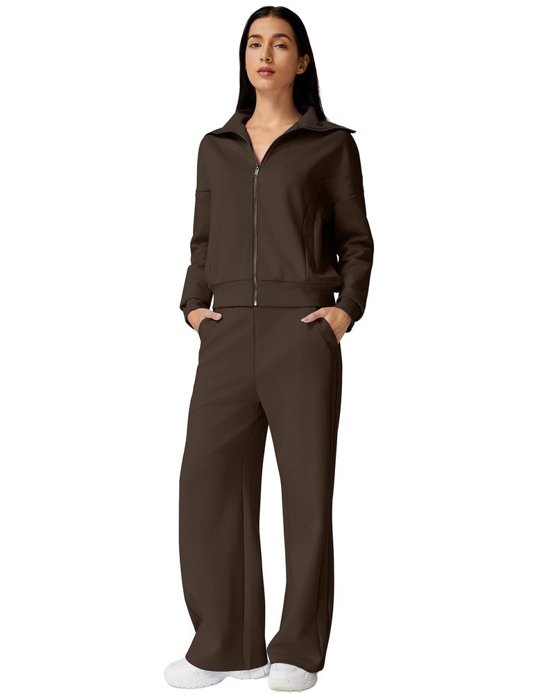 QINSEN Women's 2 Piece Matching Set Long Sleeve Zip Up Lapel Sweatshirt with Pockets Wide Leg Pants Tracksuit Brown M - Image 4