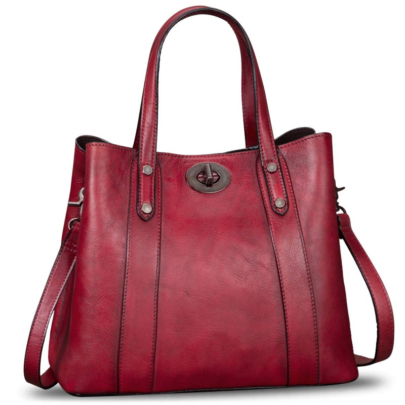 Genuine Leather Handbags for Women Satchel Purses Vintage Handmade Shoulder Bag Cowhide Top Handle Handbag Totes Red
