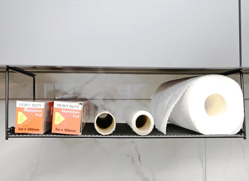 EHKIT Foil and Plastic Wrap Organizer Holder Foldable Under Cabinet Shelf Kitchen Pantry Desk Hanging Storage Rack (Black) - Image 1