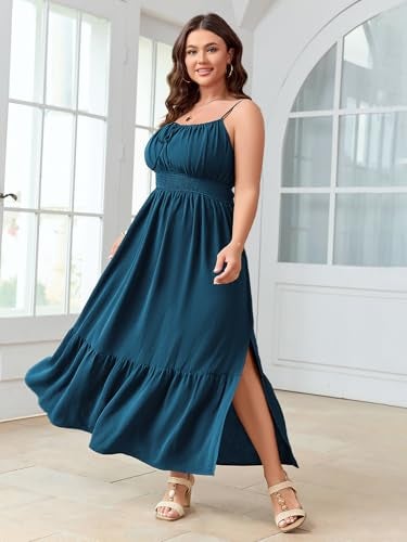 SCOMCHIC Plus Size Summer Boho Dresses Spaghetti Strap Sleeveless Casual Sundress Smocked Flowy Slit Beach Maxi Dress Lake Blue - Image 5