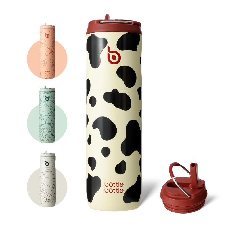 BOTTLE BOTTLE Insulated Water Bottle 24oz with Straw Lid and Handle for Sports Travel Gym Stainless Steel Water Bottles Double-Wall Vacuum Metal Leak Proof BPA-Free (Cow) - Image 1